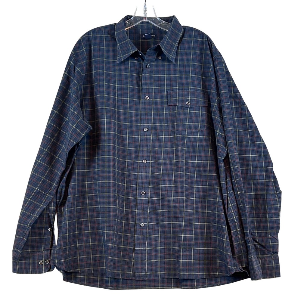 Lands End Mens XL Plaid Button Down Shirt Navy Blue‎ Long Sleeve Cotton Pocket